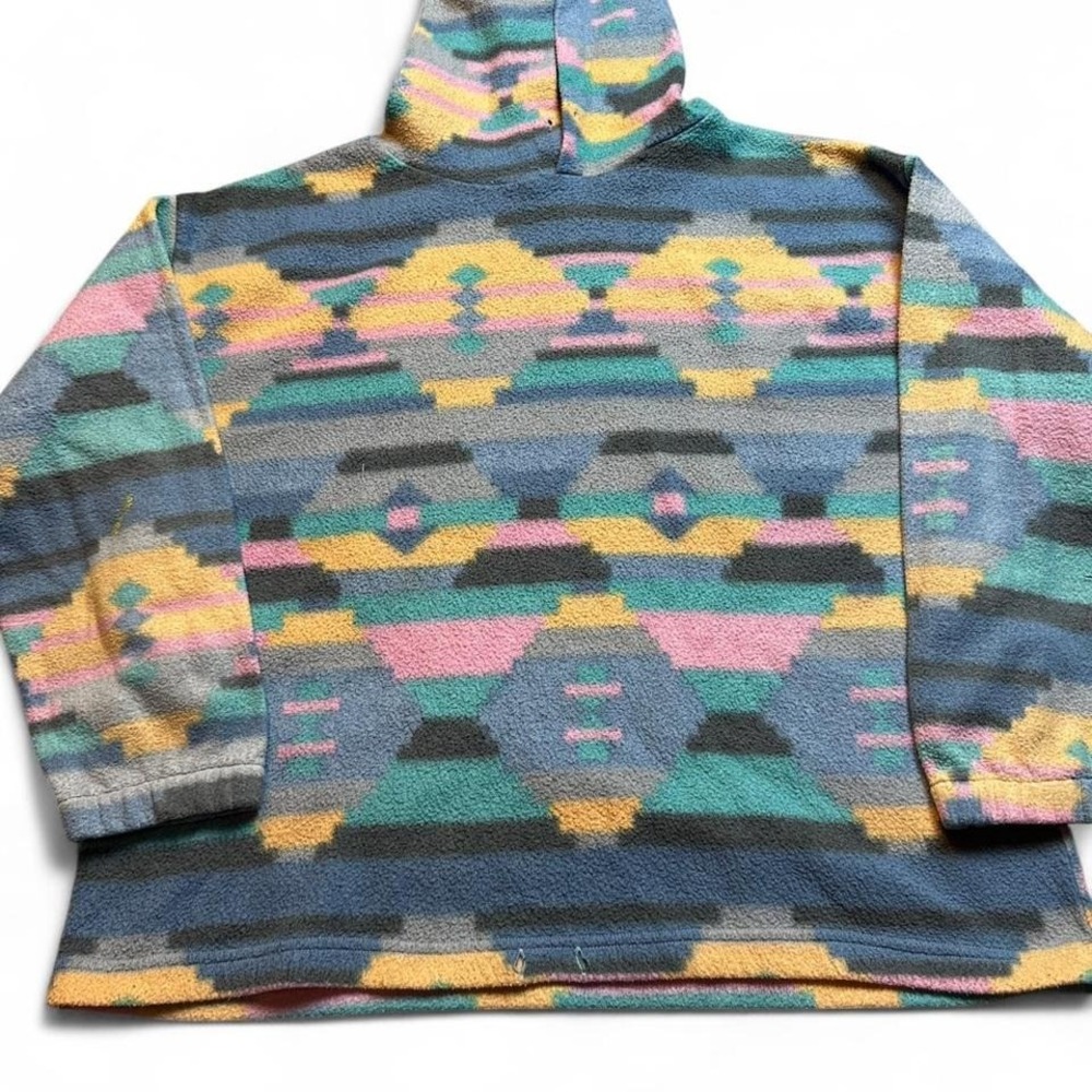 Vintage mulitcolor fleece hooded‎ pullover sweatshirt size XL READ